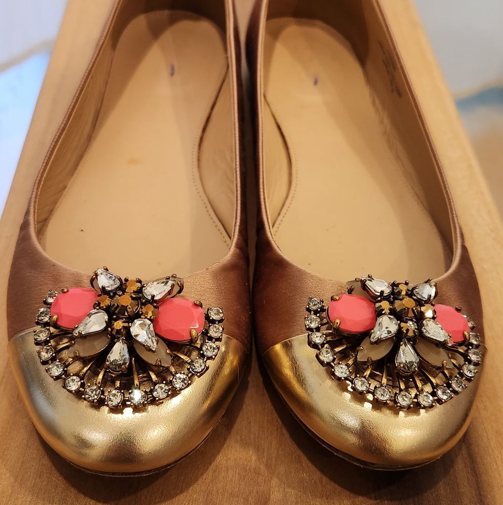 J. Crew Gold and Champaign Embellished Silk Ballet Flats Size 7.5